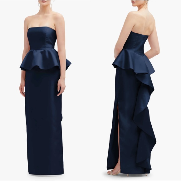NEW ALFRED SUNG Midnight BLUE Strapless RUFFLE Peplum SATIN Column GOWN 12 - Picture 1 of 16